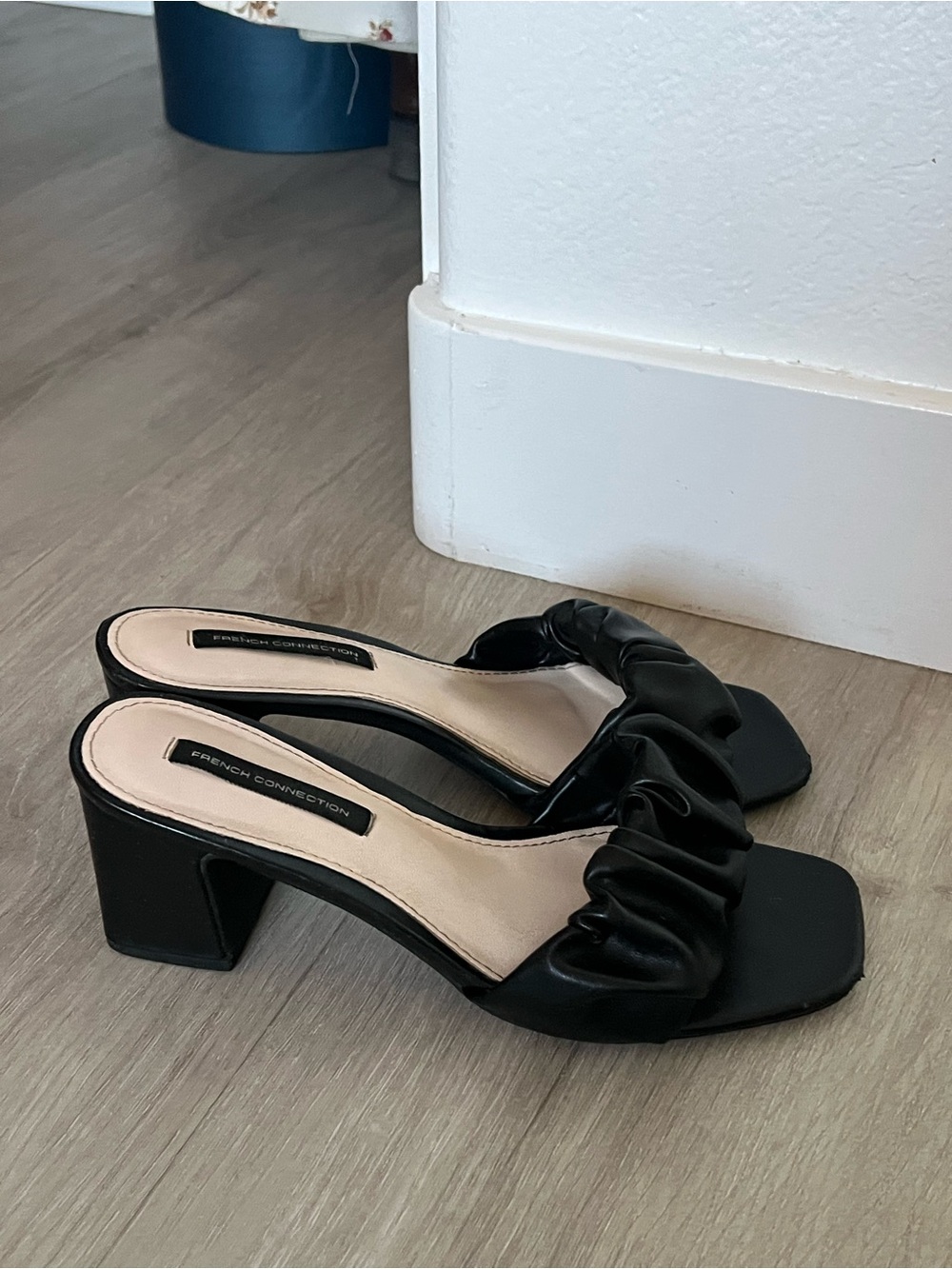 French Connection Black Ruched Slide Block Heel Mules